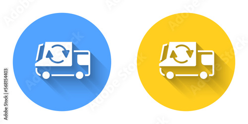 White Garbage truck icon isolated with long shadow background. Circle button. Vector