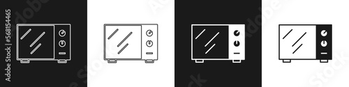 Set Microwave oven icon isolated on black and white background. Home appliances icon. Vector