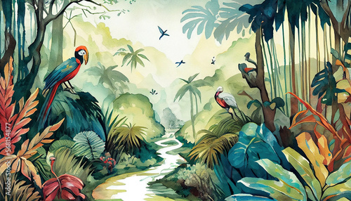 A Vibrant Watercolor Jungle Illustration, A Colorfull painting of Birds, trees, Leaves and a flowers, river, Generative AI