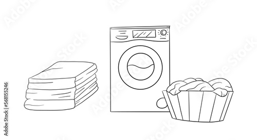 Hand drawn outline vector image with washing mashine and clothing illustration for children daily plan