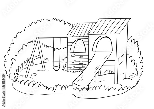 Hand drawn outline vector art with children playground, playhouse construction 