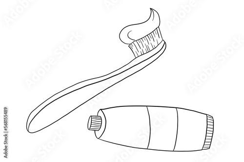 Teeth care illustration, outline vector art with toothbrush and toothpaste
