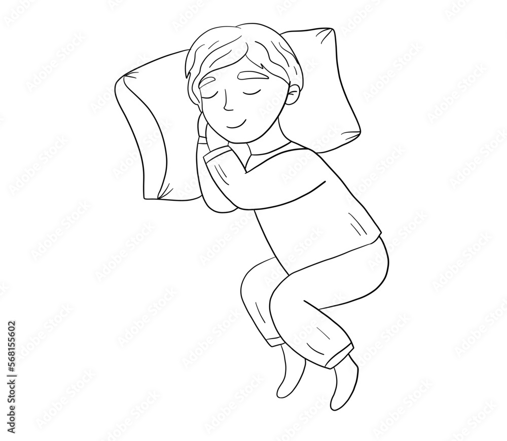 Hand drawn outline vector image with sleeping boy, cute children illustration for children daily plan