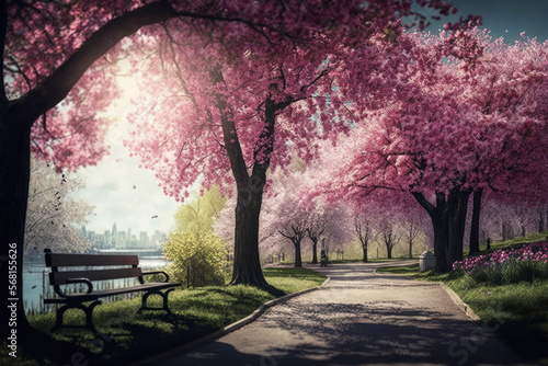 Blossoming cherry trees in a park on a sunny day, generative ai