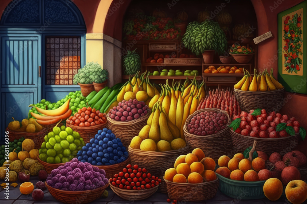 Delicious and colorful spring fruit and vegetable market, generative ai