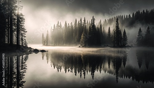  a lake surrounded by trees with fog in the air and a forest in the distance with a few trees on the shore of the lake. generative ai