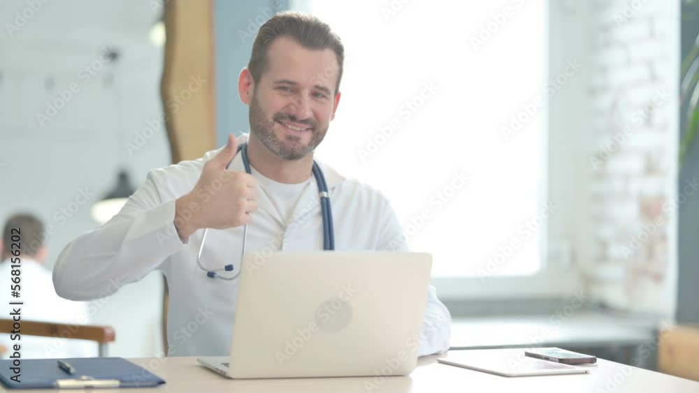 Doctor Showing Thumbs Up at Work in Clinic Doctor Showing Thumbs Up at Work in Clinic