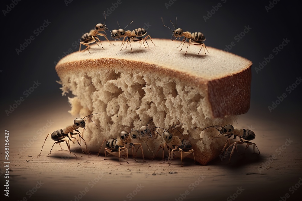 Illustrazione Stock a group of ants crawling around a piece of bread on
