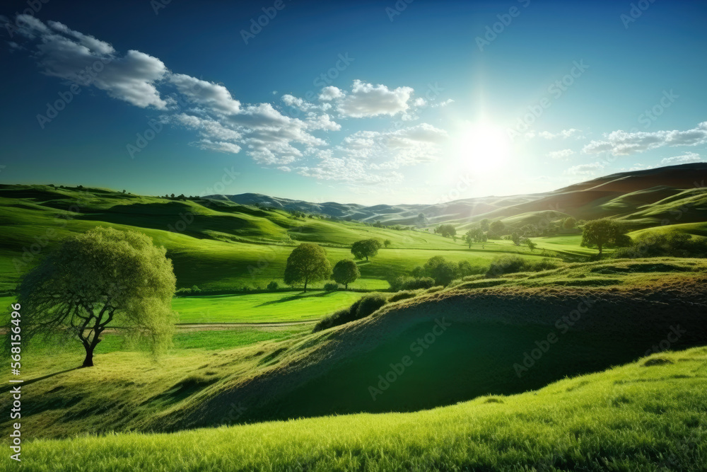 Obraz premium Green meadow and rolling hills with clear blue sky and sun, generative ai