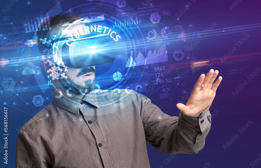 Businessman looking through VR glasses Businessman looking through VR glasses