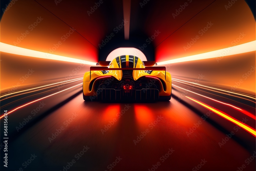 Sports racing car at high speed riding in illuminated yellow and red ...