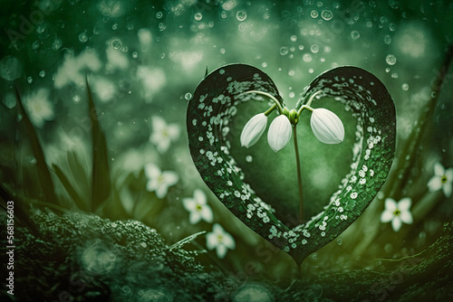 Green snowdrop leaves forming a heart shape in the center of a bokeh background, generative ai