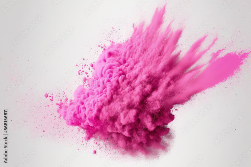 pink powder explosion in the abstract. Pink dust splash particles in close up, isolated on a white background. Generative AI