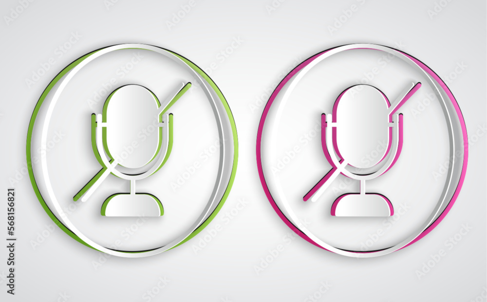 Paper cut Mute microphone icon isolated on grey background. Microphone audio muted. Paper art style. Vector Paper cut Mute microphone icon isolated on grey background. Microphone audio muted. Paper art style. Vector