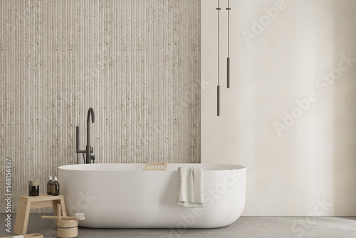 Modern japandi bathroom interior with bathtub , bath accessories , empty wall mock up , 3d rendering photo