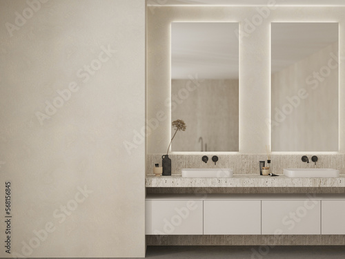 Modern japandi bathroom interior with double sink , mirrors and bath accessories , empty wall mock up , 3d rendering