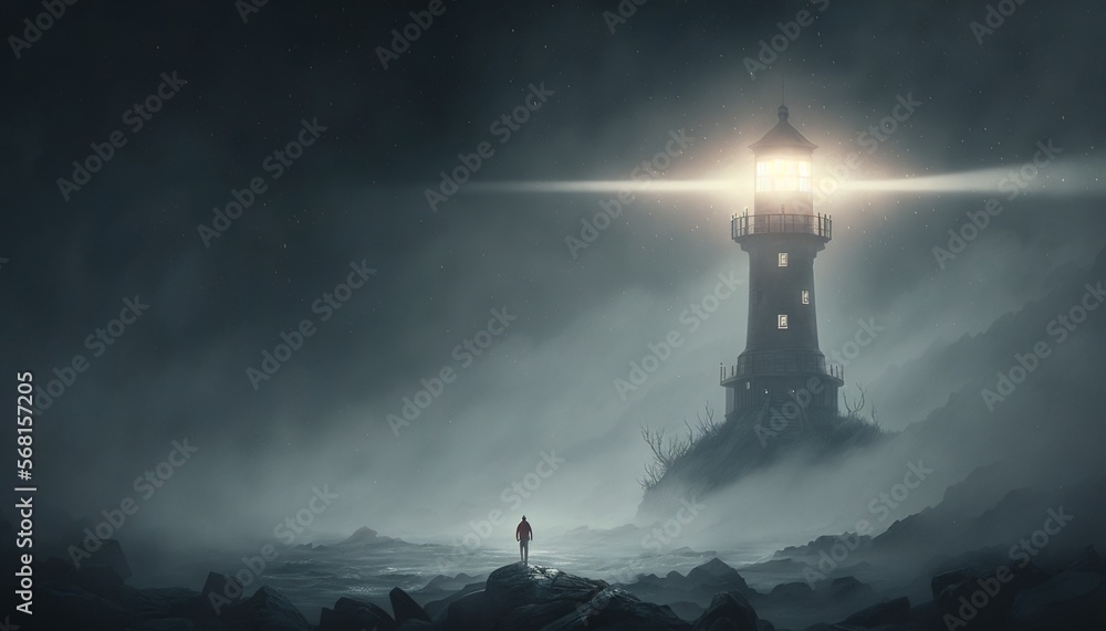 custom made wallpaper toronto digital a person standing on a rocky shore in front of a lighthouse with a light on top of it in a dark foggy night sky.  generative ai