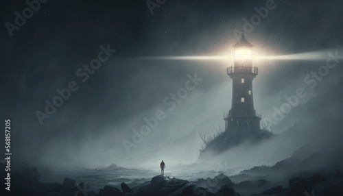  a person standing on a rocky shore in front of a lighthouse with a light on top of it in a dark foggy night sky.  generative ai