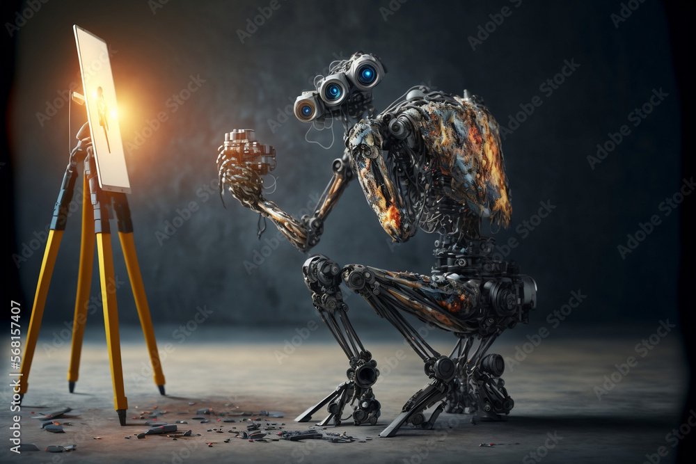 AI robot working in an art studio painting a picture, robot making art