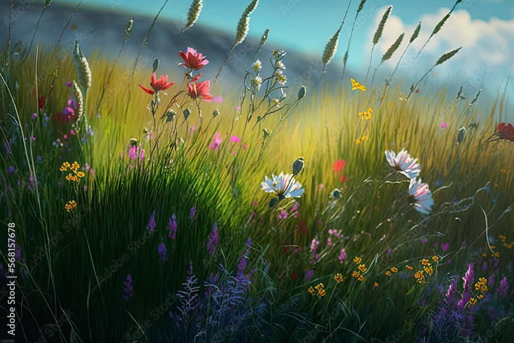 Vast meadow with long waving grass and tall colorful wildflowers, generative ai