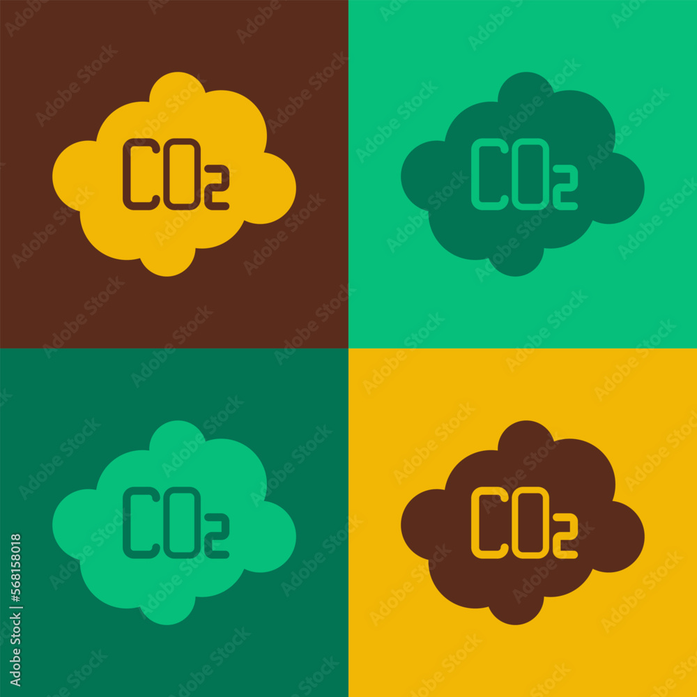 Pop art CO2 emissions in cloud icon isolated on color background. Carbon dioxide formula, smog pollution concept, environment concept. Vector Pop art CO2 emissions in cloud icon isolated on color background. Carbon dioxide formula, smog pollution concept, environment concept. Vector