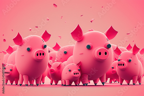 Pink Pigs Cartoon, Cute Happy Pig Print, Piggy Friends Art Poster, Pink Background