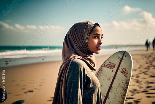 Middle Eastern girl on the beach, Generative AI