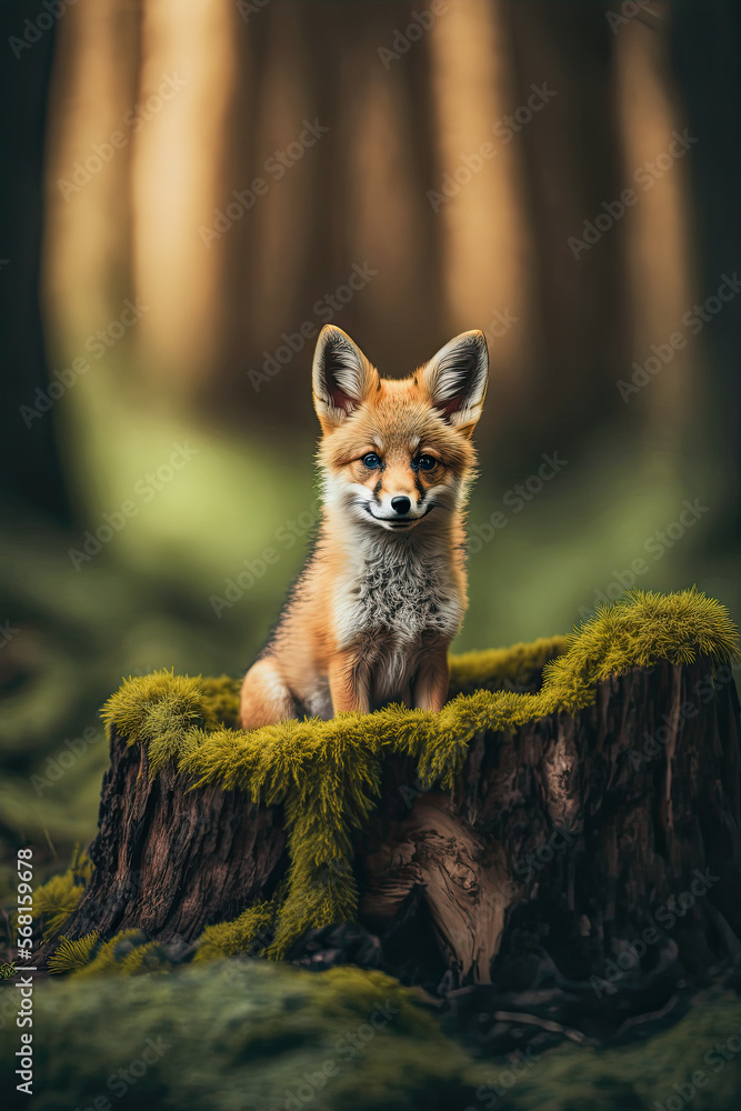 ai generated illustration of a small young fox on a tree stump in the forest ai generated illustration of a small young fox on a tree stump in the forest