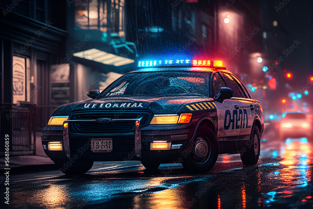 Police car in New York. Police car with red and blue emergency lights.  Emergency vehicle lighting. LED blinker flasher Police car. Road traffic  jam accident. Crime in City. Operation, control, patrol. Stock