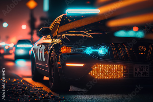 Police car in New York. Police car with red and blue emergency lights. Emergency vehicle lighting. LED blinker flasher Police car. Road traffic jam accident. Crime in City. Operation, control, patrol.