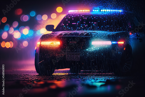 Police car in New York. Police car with red and blue emergency lights. Emergency vehicle lighting. LED blinker flasher Police car. Road traffic jam accident. Crime in City. Operation, control, patrol.