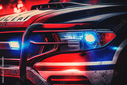 Police car in New York. Police car with red and blue emergency lights. Emergency vehicle lighting. LED blinker flasher Police car. Road traffic jam accident. Crime in City. Operation, control, patrol.