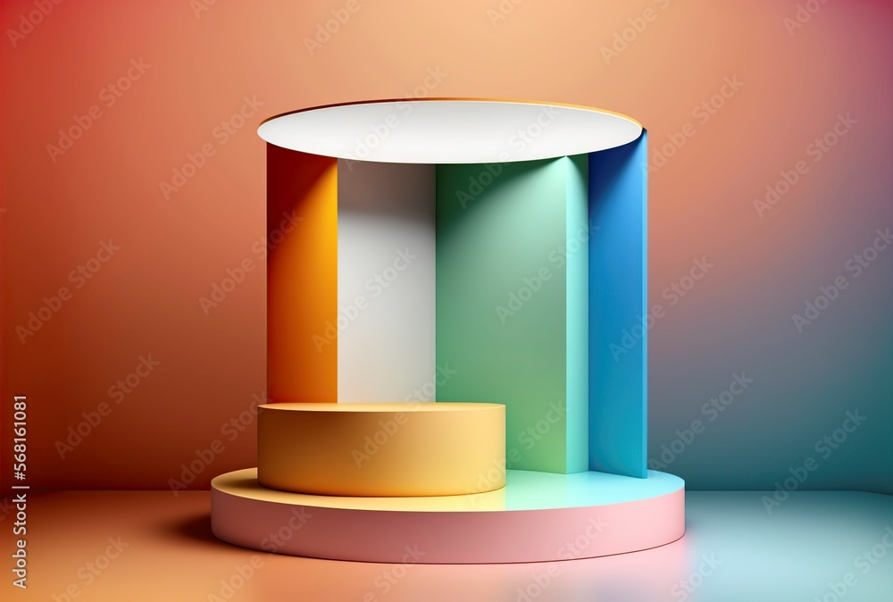 illustration cartoon, multicolored room with podium of equal color, generative ai illustration cartoon, multicolored room with podium of equal color, generative ai