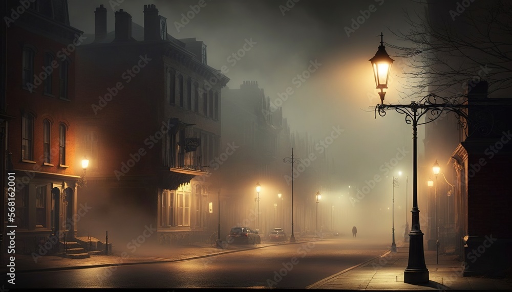  a foggy street with a lamp post and street lights on a foggy night in the town of a city with old buildings and cobblestones.  generative ai
