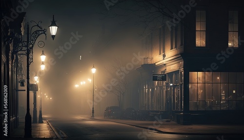  a foggy street at night with street lamps and street signs on the side of the street and buildings on the other side of the street.  generative ai