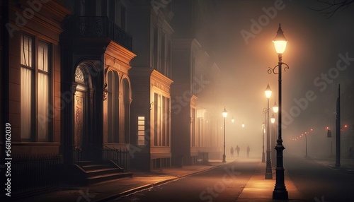 a foggy street at night with a street lamp on the side of the street and people walking on the sidewalk on the sidewalk in the distance. generative ai