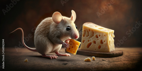 Mouse and cheese. Illustration of the mouse eating the cheese. AI generated image.