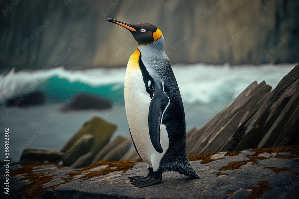 Fototapeta premium a penguin standing on a rock next to a body of water with a cliff in the background and a body of water in the foreground. generative ai