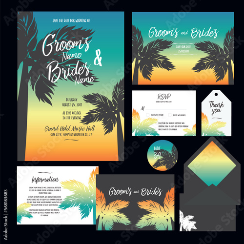 Set of templates for wedding invitation, postcard, information list, respond, reply and design for envelope with tropic sunset