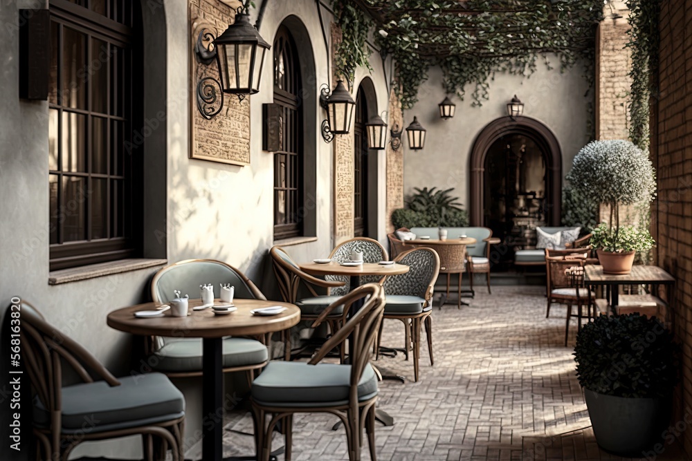 Naklejka premium a patio with tables and chairs and a potted plant on the side of the building with ivy growing on the roof and a brick walkway. generative ai