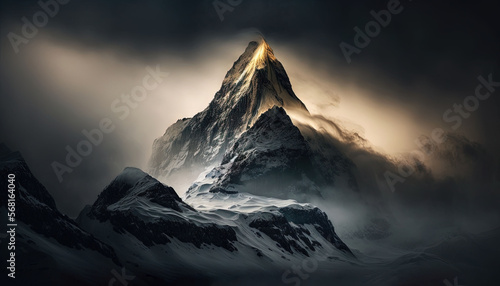  a mountain peak with a light coming out of it's top in the middle of a cloudy sky, with a light shining on top of the mountain. generative ai