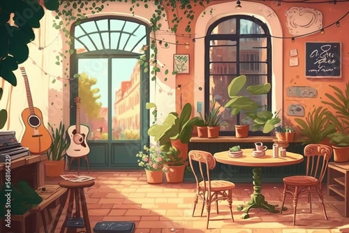  a painting of a room with a table  chairs  and a guitar in the center of the room is a potted plant and a guitar on the table.  generative ai