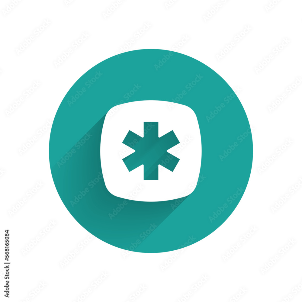 White Medical symbol of the Emergency - Star of Life icon isolated with long shadow background. Green circle button. Vector White Medical symbol of the Emergency - Star of Life icon isolated with long shadow background. Green circle button. Vector