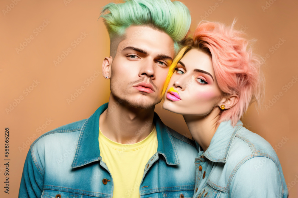 Handsome couple modern girl and guy about to kiss, young lovers with colored hair in modern clothes and colored hair in a romantic moment over pastel background. Generative AI Handsome couple modern girl and guy about to kiss, young lovers with colored hair in modern clothes and colored hair in a romantic moment over pastel background. Generative AI