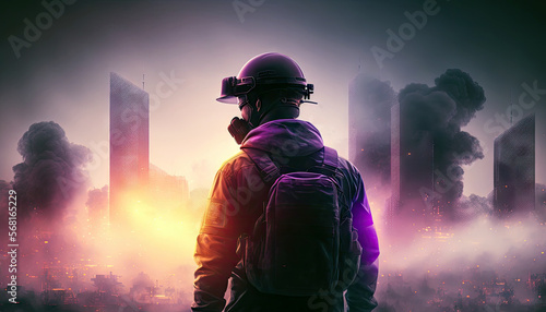 Safety profession construction , fireman wearing safety uniform from back view, working, training technique, safe body harness, fog smoke background with Generative Ai.