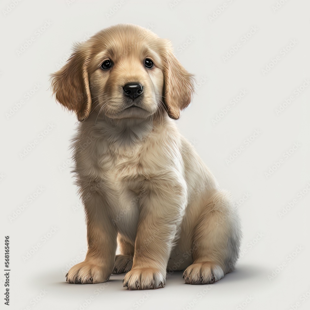 Cute adorable little golden retriever puppy portrait on a white background. Generated by AI. 
