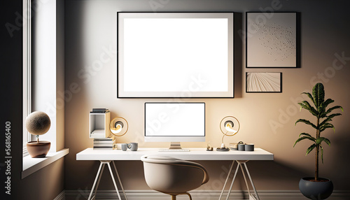 Mock up white blank frame screen in workspace interior with Home decoration. Cozy coastal stylish, furniture, Modern design background with Generative AI. © TANATPON
