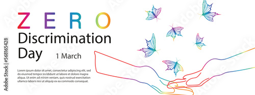 Zero Discrimination day background with rainbow butterflies and hands. Colorful typography and symbol of date. Horizontal poster, banner template. Vector illustration