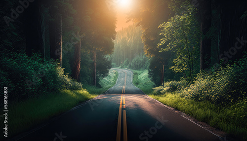 Flat view of road through green forest, healthy rain forest,  environment, health, green economy, view of nature ecosystem for save Earth with Generative AI.