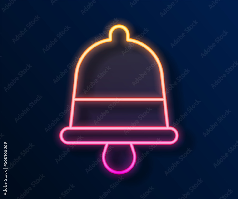 Glowing neon line Merry Christmas ringing bell icon isolated on black background. Alarm symbol, service bell, handbell sign, notification. Vector